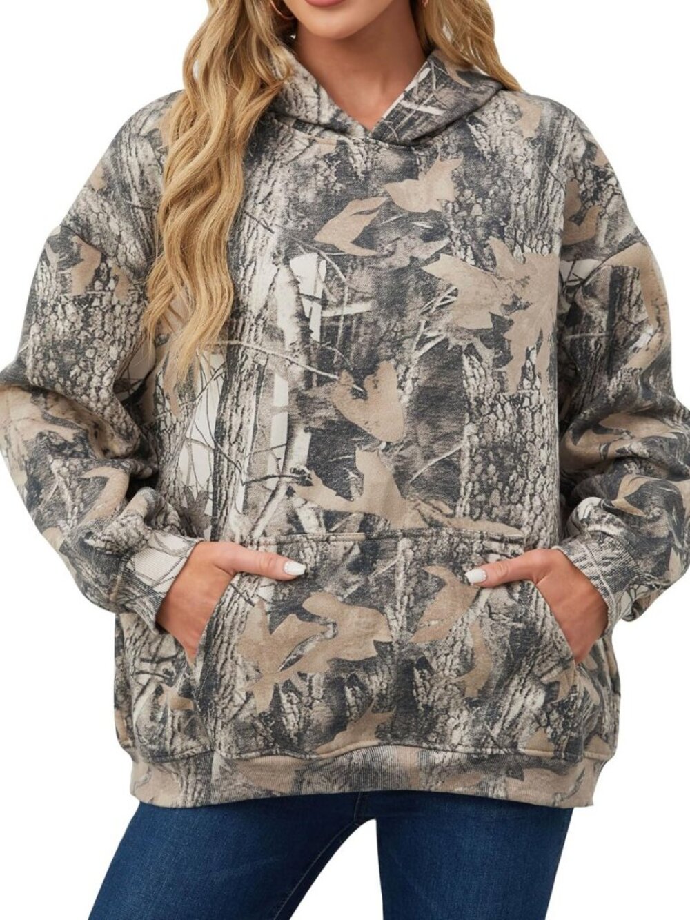 Camo Oversized Hoodie with Maple Leaf Print | Fleece Pullover Sweatshirt, Pocket